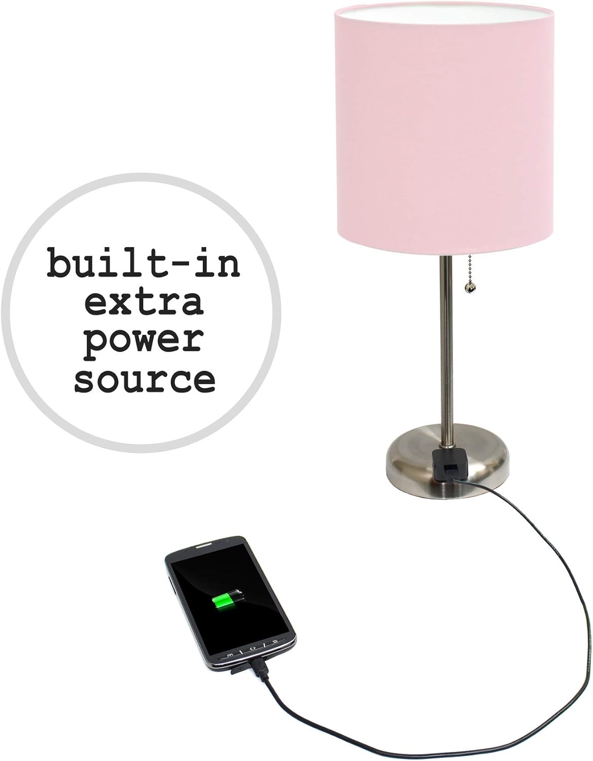 LT2024-LPK Brushed Steel Stick Table Desk Lamp with Charging Outlet and Drum Fabric Shade, Light Pink