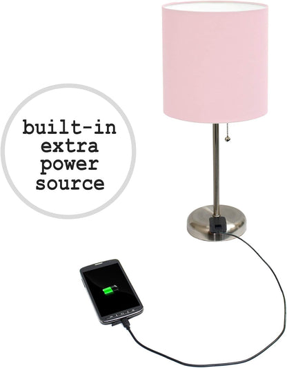 LT2024-LPK Brushed Steel Stick Table Desk Lamp with Charging Outlet and Drum Fabric Shade, Light Pink