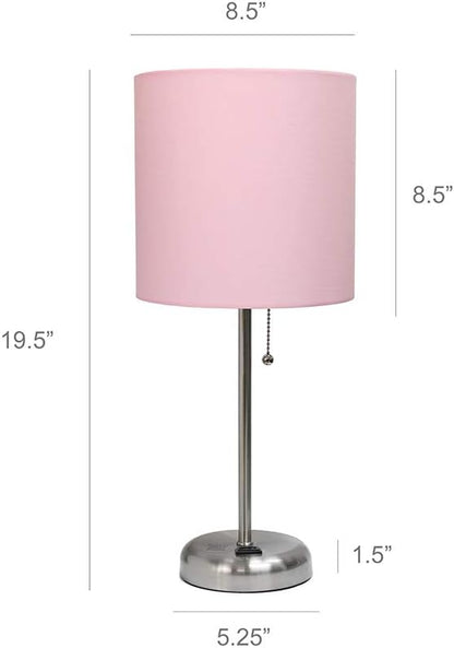 LT2024-LPK Brushed Steel Stick Table Desk Lamp with Charging Outlet and Drum Fabric Shade, Light Pink