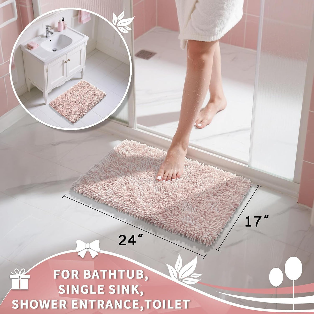 Chenille Bathroom Rugs Non Slip, Extra Thick Soft Absorbent Bath Rug, Machine Washable Quick Dry Bath Mat for Bathroom Floor, Tub and Shower, Home Decor Accessories, 24x17, Pink