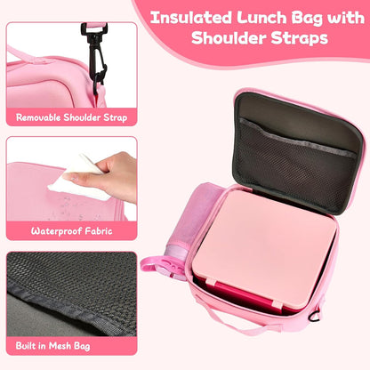 Kids Bento Lunch Box with 8oz Soup Thermo, Water Bottle, Leakproof Lunch Food Containers with 4 Compartment, Kids Insulated Hot Food Jar with Lunch Bag for School(Pink)
