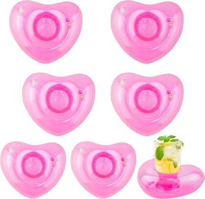 7 Pack Inflatable Pink Heart Drink Holders,Pool Drink Floaties for Bachelorette,Birthday Party