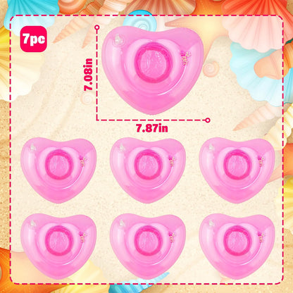 7 Pack Inflatable Pink Heart Drink Holders,Pool Drink Floaties for Bachelorette,Birthday Party