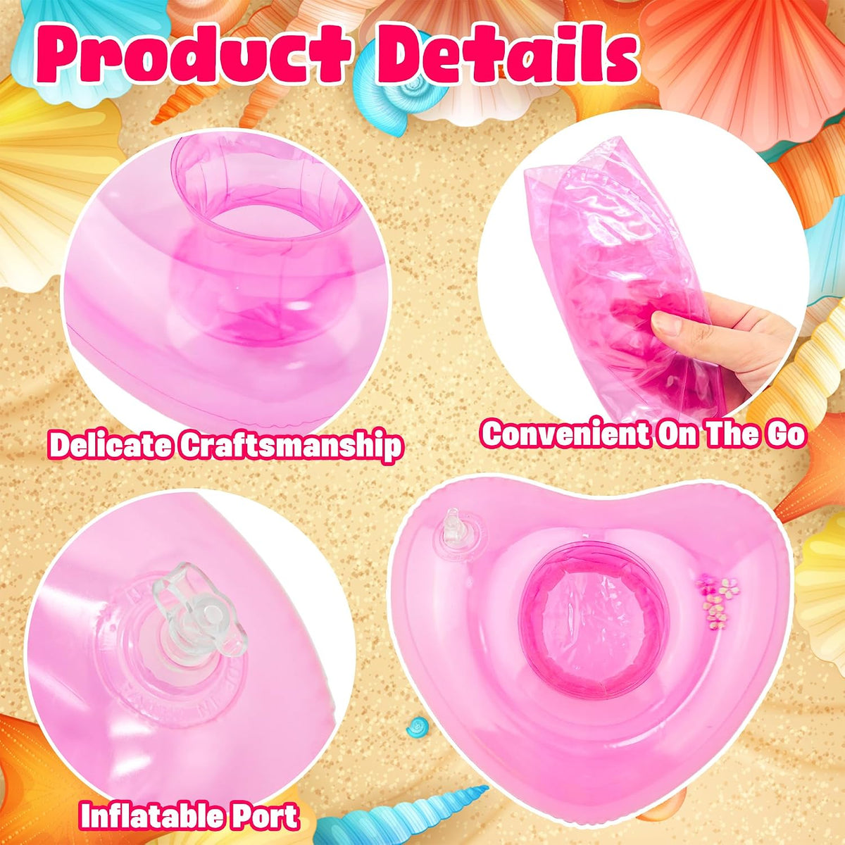 7 Pack Inflatable Pink Heart Drink Holders,Pool Drink Floaties for Bachelorette,Birthday Party
