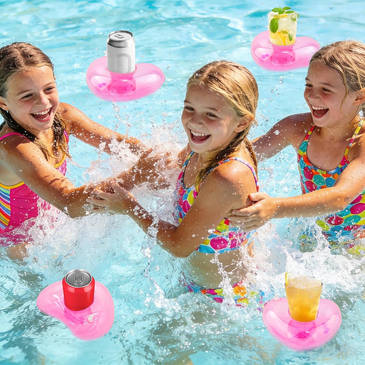 7 Pack Inflatable Pink Heart Drink Holders,Pool Drink Floaties for Bachelorette,Birthday Party