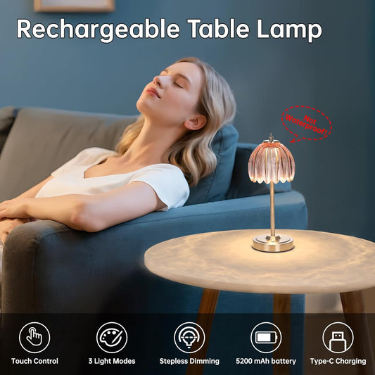 Tulip Table Lamp with 5200mAh Battery & Touch Control, Cordless Small Table Lamp with 3 Colors, Dimmable Rechargeable Table Lamps for Living Room, Bedroom, Desk, Bedside (Clear Pink Tulip)