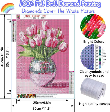 Pink Tulips Diamond Art Kits for Adults, Diamond Painting Kits for Adults for Beginners, DIY Pink Flowers Diamond Dots Art Kits, 5D Full Round Drill Gem Art Painting Kits for Home Decor, 12x16 inch