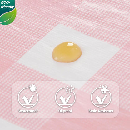 Gingham Vinyl Tablecloth with Flannel Backing, 60 Inch Round PEVA Waterproof Plastic Oilcloth, Wipeable Reusable Checkered Cover for Camping, Patio, Picnic, Kitchen, Pink Plaid