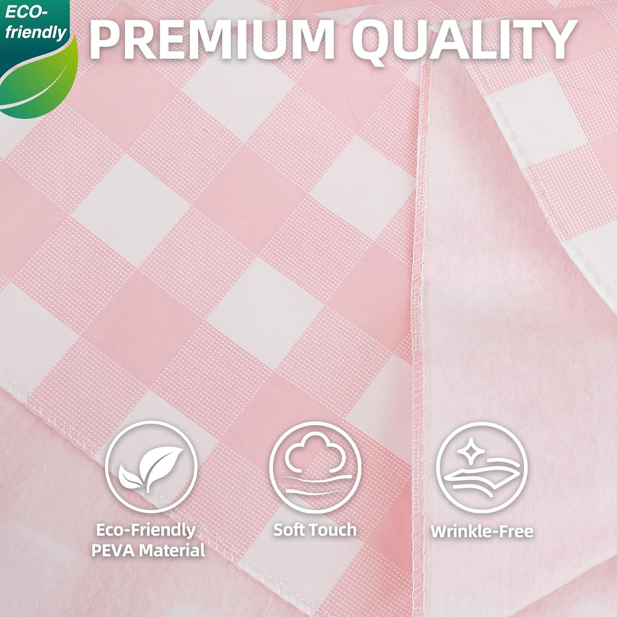 Gingham Vinyl Tablecloth with Flannel Backing, 60 Inch Round PEVA Waterproof Plastic Oilcloth, Wipeable Reusable Checkered Cover for Camping, Patio, Picnic, Kitchen, Pink Plaid