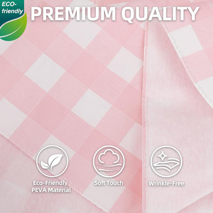 Gingham Vinyl Tablecloth with Flannel Backing, 60 Inch Round PEVA Waterproof Plastic Oilcloth, Wipeable Reusable Checkered Cover for Camping, Patio, Picnic, Kitchen, Pink Plaid