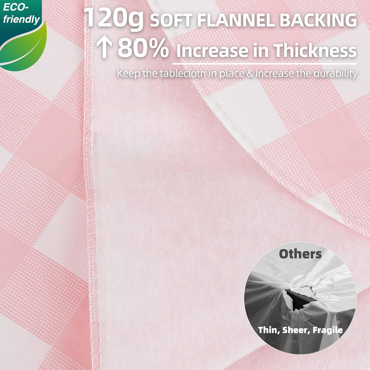Gingham Vinyl Tablecloth with Flannel Backing, 60 Inch Round PEVA Waterproof Plastic Oilcloth, Wipeable Reusable Checkered Cover for Camping, Patio, Picnic, Kitchen, Pink Plaid