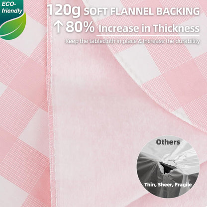 Gingham Vinyl Tablecloth with Flannel Backing, 60 Inch Round PEVA Waterproof Plastic Oilcloth, Wipeable Reusable Checkered Cover for Camping, Patio, Picnic, Kitchen, Pink Plaid