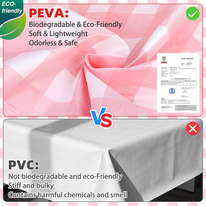 Gingham Vinyl Tablecloth with Flannel Backing, 60 Inch Round PEVA Waterproof Plastic Oilcloth, Wipeable Reusable Checkered Cover for Camping, Patio, Picnic, Kitchen, Pink Plaid