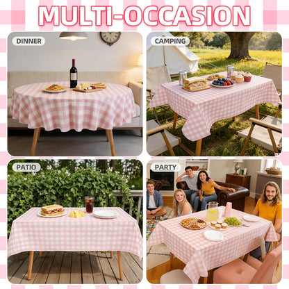 Gingham Vinyl Tablecloth with Flannel Backing, 60 Inch Round PEVA Waterproof Plastic Oilcloth, Wipeable Reusable Checkered Cover for Camping, Patio, Picnic, Kitchen, Pink Plaid