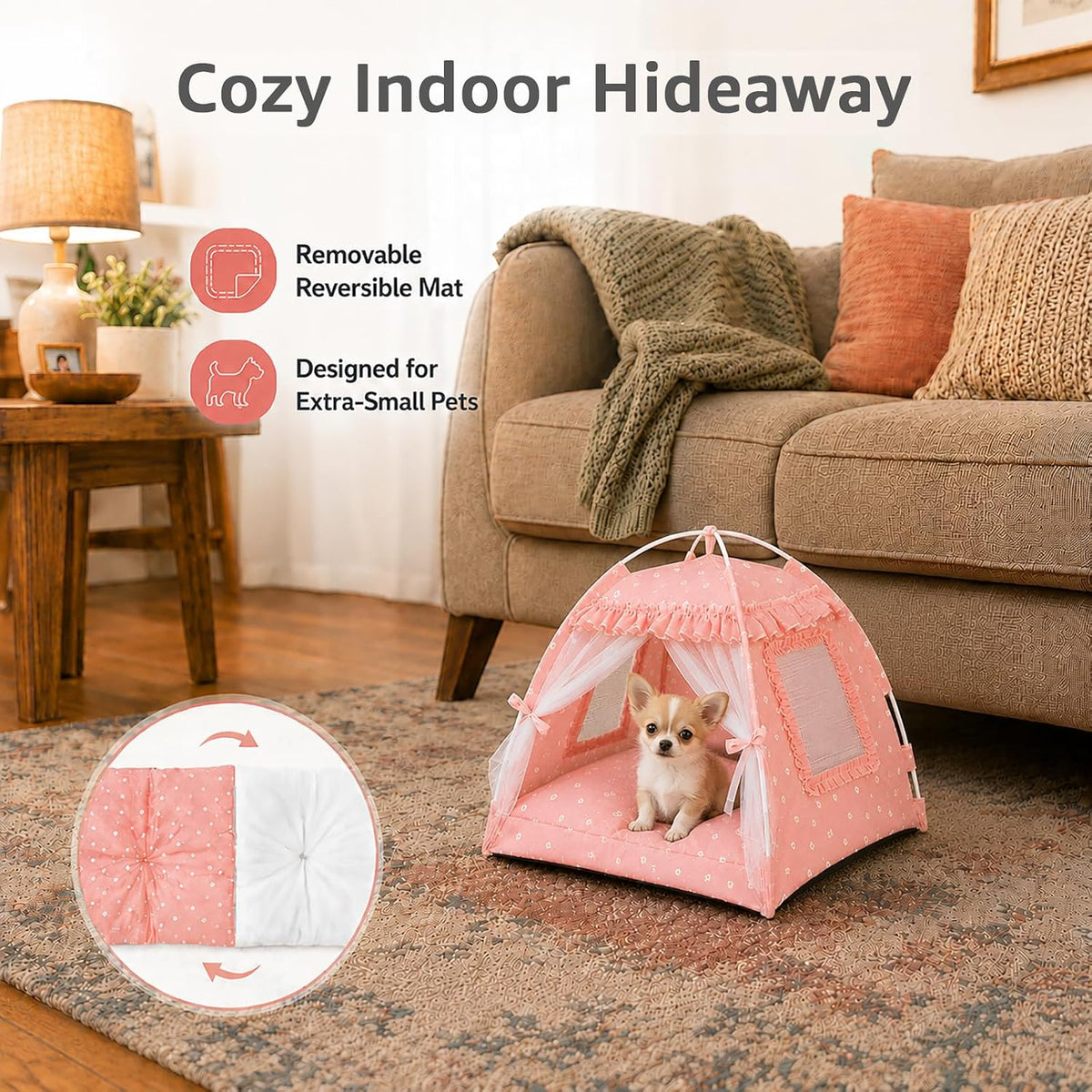 Pink Princess Cat Bed Dog Tent, Indoor House for Small Puppies and Kittens