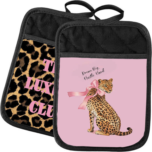 Coquette Pink Bow Cheetah 2 Pcs Pot Holders with Pocket, Inspirational Preppy Pink and Leopard Print Heat Resistant Potholders Hot Pad for Kitchen Baking Cooking