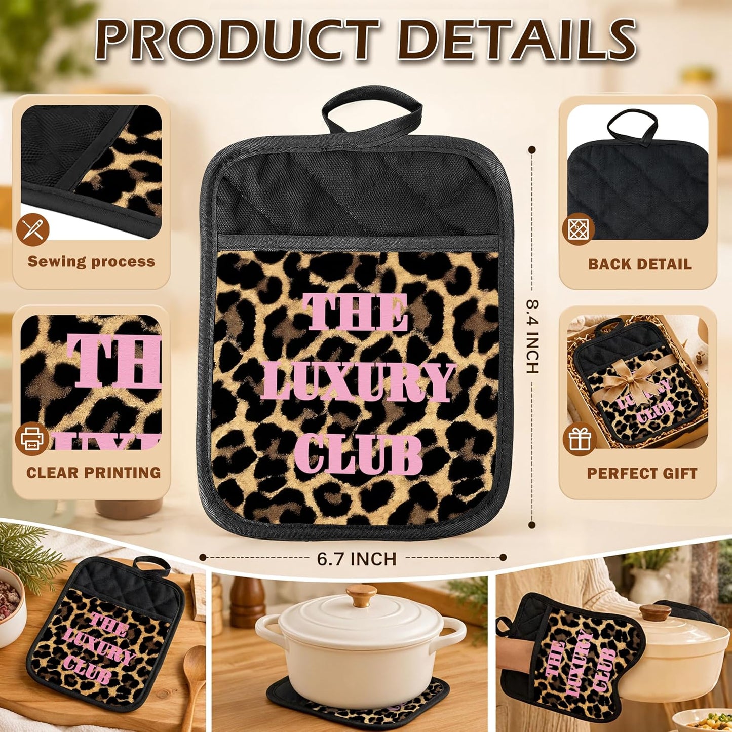 Coquette Pink Bow Cheetah 2 Pcs Pot Holders with Pocket, Inspirational Preppy Pink and Leopard Print Heat Resistant Potholders Hot Pad for Kitchen Baking Cooking