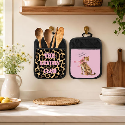 Coquette Pink Bow Cheetah 2 Pcs Pot Holders with Pocket, Inspirational Preppy Pink and Leopard Print Heat Resistant Potholders Hot Pad for Kitchen Baking Cooking