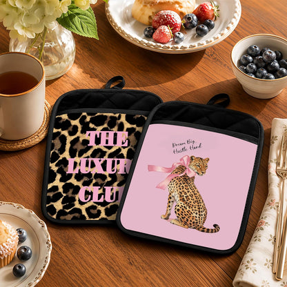 Coquette Pink Bow Cheetah 2 Pcs Pot Holders with Pocket, Inspirational Preppy Pink and Leopard Print Heat Resistant Potholders Hot Pad for Kitchen Baking Cooking