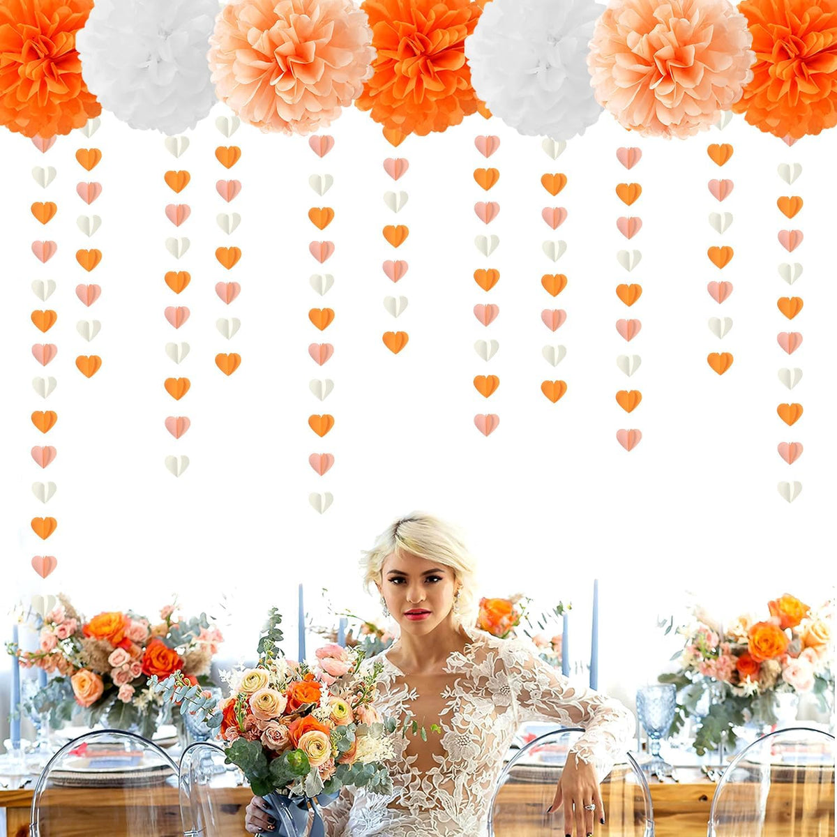 Beige-Orange Peach Fall Party-Decorations Heart-Garland - 39Ft Autumn Thanksgiving Birthday Boho Hanging Paper Streamers Banner,Birthday Bachelorette Baby Bridal Shower Engagement Decor