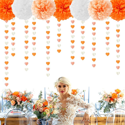 Beige-Orange Peach Fall Party-Decorations Heart-Garland - 39Ft Autumn Thanksgiving Birthday Boho Hanging Paper Streamers Banner,Birthday Bachelorette Baby Bridal Shower Engagement Decor