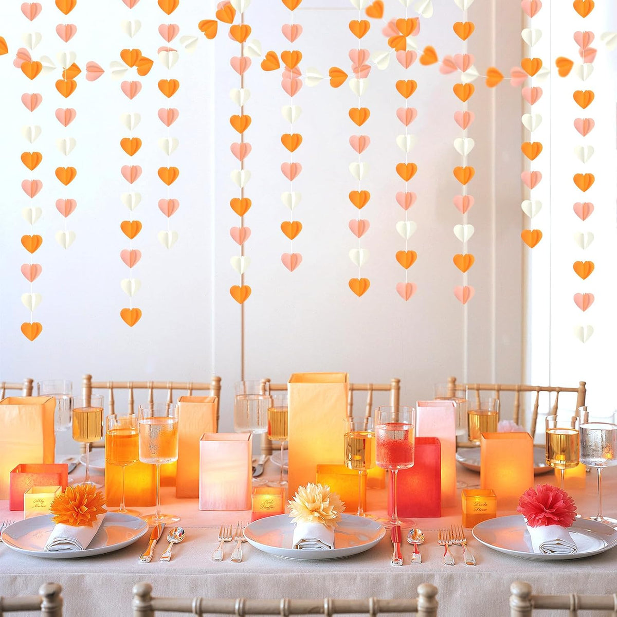 Beige-Orange Peach Fall Party-Decorations Heart-Garland - 39Ft Autumn Thanksgiving Birthday Boho Hanging Paper Streamers Banner,Birthday Bachelorette Baby Bridal Shower Engagement Decor