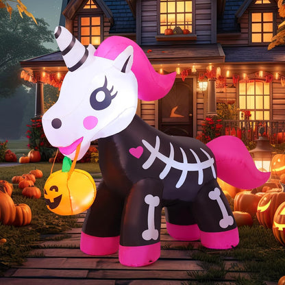 5 FT Halloween Inflatables Skeleton Unicorn Outdoor Decorations Blow Up Yard Pink Cute with Built-in LEDs for Indoor Party Garden Lawn Decor
