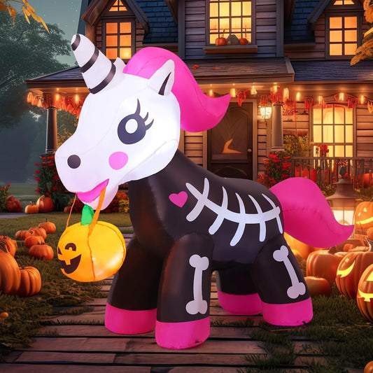 5 FT Halloween Inflatables Skeleton Unicorn Outdoor Decorations Blow Up Yard Pink Cute with Built-in LEDs for Indoor Party Garden Lawn Decor