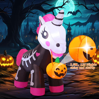 5 FT Halloween Inflatables Skeleton Unicorn Outdoor Decorations Blow Up Yard Pink Cute with Built-in LEDs for Indoor Party Garden Lawn Decor