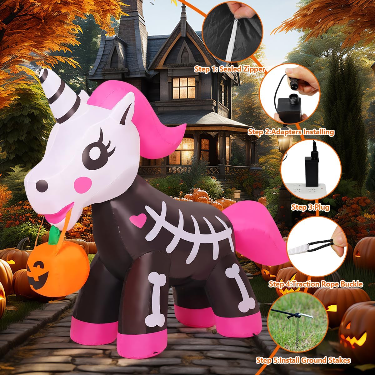 5 FT Halloween Inflatables Skeleton Unicorn Outdoor Decorations Blow Up Yard Pink Cute with Built-in LEDs for Indoor Party Garden Lawn Decor