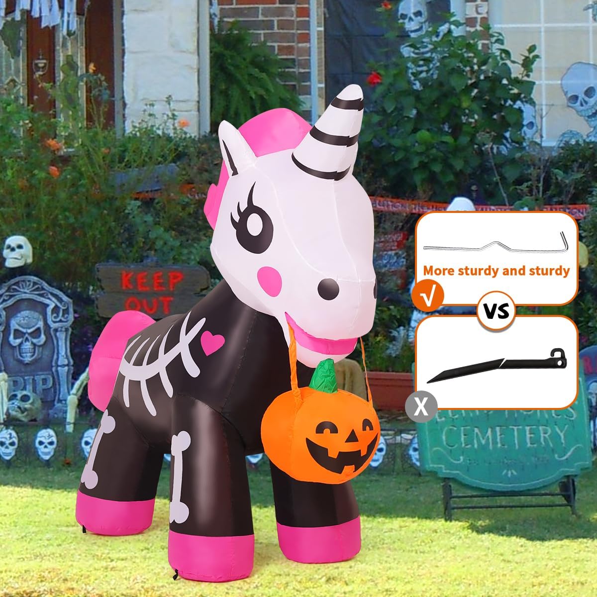 5 FT Halloween Inflatables Skeleton Unicorn Outdoor Decorations Blow Up Yard Pink Cute with Built-in LEDs for Indoor Party Garden Lawn Decor