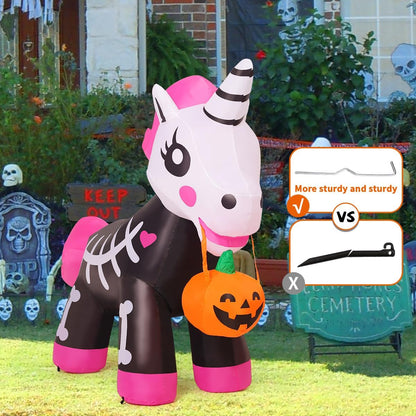 5 FT Halloween Inflatables Skeleton Unicorn Outdoor Decorations Blow Up Yard Pink Cute with Built-in LEDs for Indoor Party Garden Lawn Decor