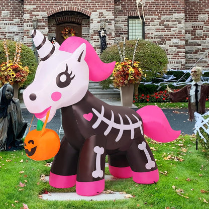 5 FT Halloween Inflatables Skeleton Unicorn Outdoor Decorations Blow Up Yard Pink Cute with Built-in LEDs for Indoor Party Garden Lawn Decor