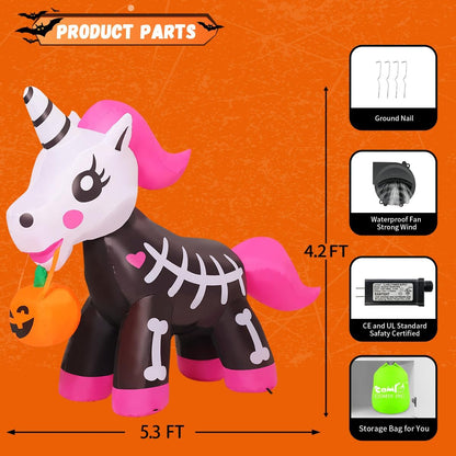 5 FT Halloween Inflatables Skeleton Unicorn Outdoor Decorations Blow Up Yard Pink Cute with Built-in LEDs for Indoor Party Garden Lawn Decor