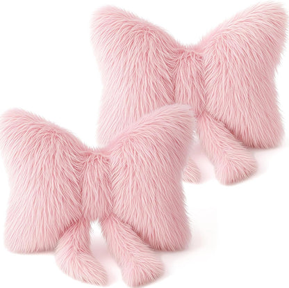 2 Pcs Pink Bow Pillow, Plush Faux Fur, 16 x 12 Inch