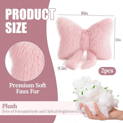 2 Pcs Pink Bow Pillow, Plush Faux Fur, 16 x 12 Inch