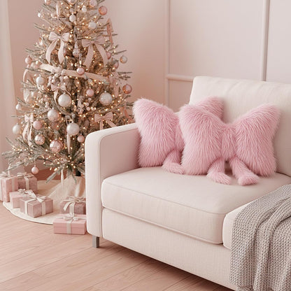 2 Pcs Pink Bow Pillow, Plush Faux Fur, 16 x 12 Inch