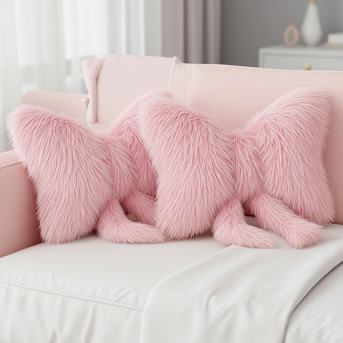 2 Pcs Pink Bow Pillow, Plush Faux Fur, 16 x 12 Inch