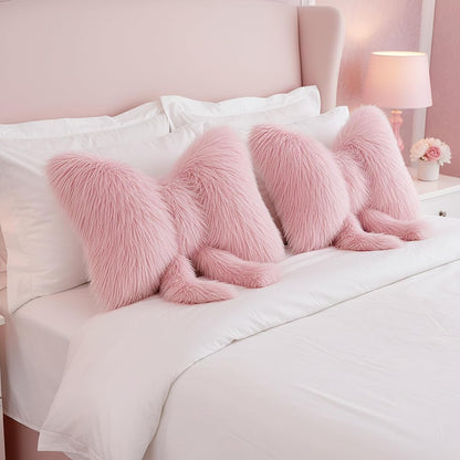 2 Pcs Pink Bow Pillow, Plush Faux Fur, 16 x 12 Inch