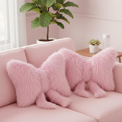 2 Pcs Pink Bow Pillow, Plush Faux Fur, 16 x 12 Inch
