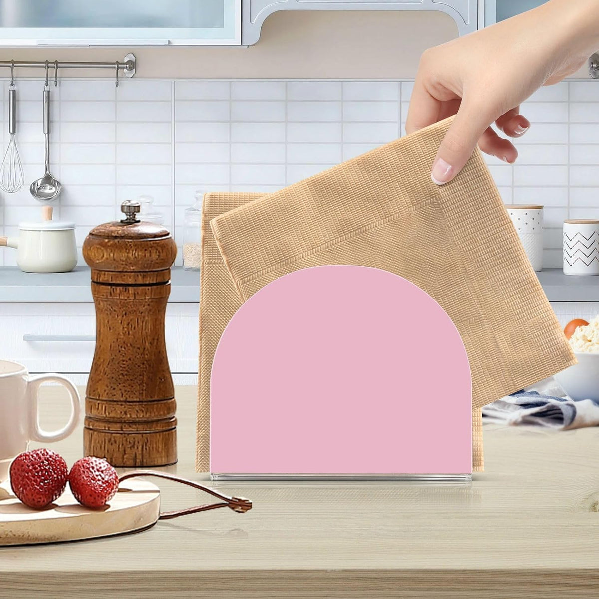 Pink Napkin Holder for Table, Acrylic Upright Non Slip Tabletop Freestanding Tissue Paper Dispenser for Kitchen Restaurant Home Hotel Decor