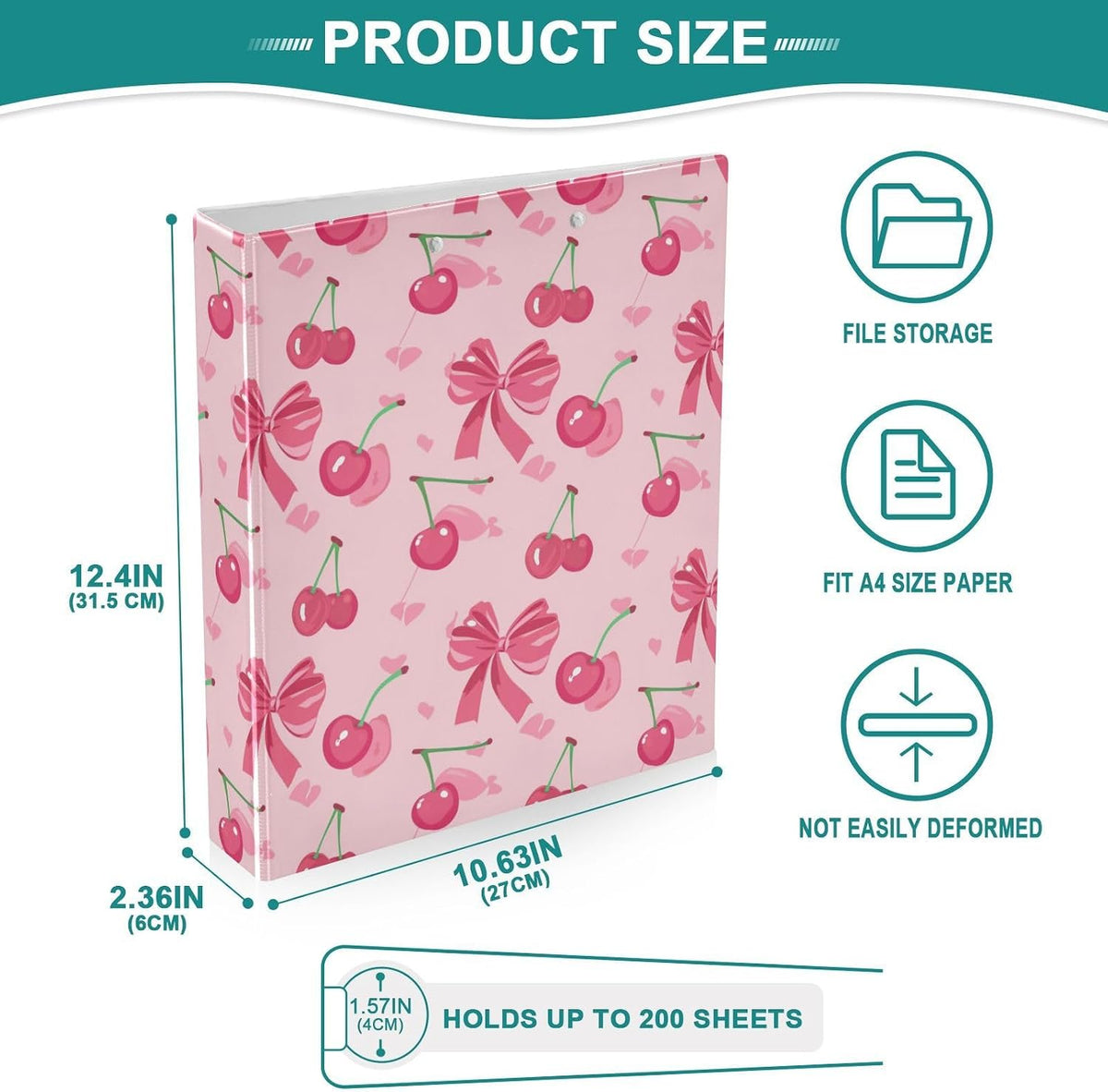 3 Ring Binder Cherry Coquette Pink Bow Cute Binders 1.5 inch with Clipboard PVC Pockets Fit 8.5 x 11 Paper for School or Office Supplies 1 Pack