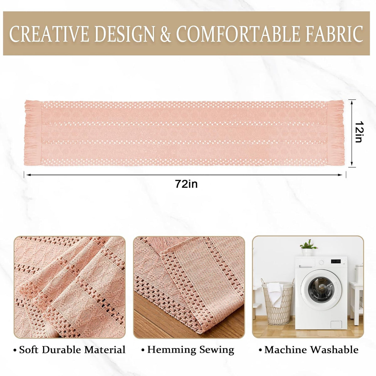 Pink Macrame Boho Table Runner with Tassels Woven Rustic Farmhouse Table Runner for Kitchen Dining 71 Inches
