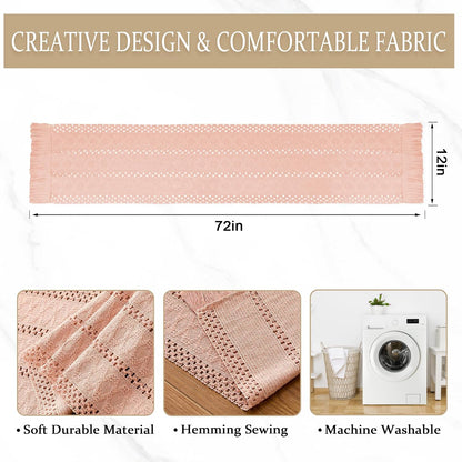 Pink Macrame Boho Table Runner with Tassels Woven Rustic Farmhouse Table Runner for Kitchen Dining 71 Inches