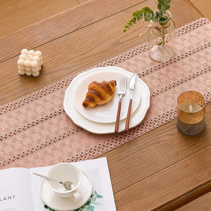 Pink Macrame Boho Table Runner with Tassels Woven Rustic Farmhouse Table Runner for Kitchen Dining 71 Inches