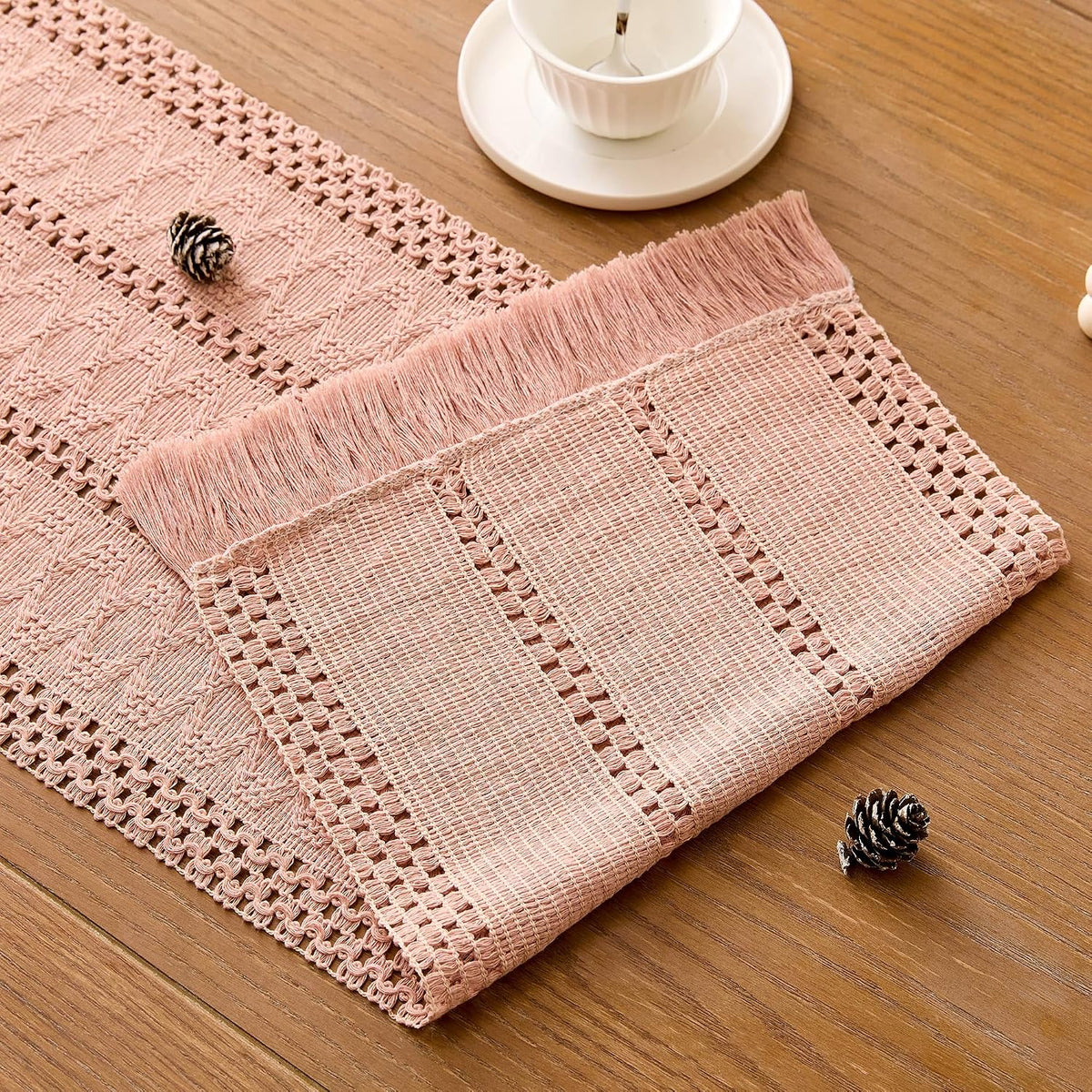 Pink Macrame Boho Table Runner with Tassels Woven Rustic Farmhouse Table Runner for Kitchen Dining 71 Inches