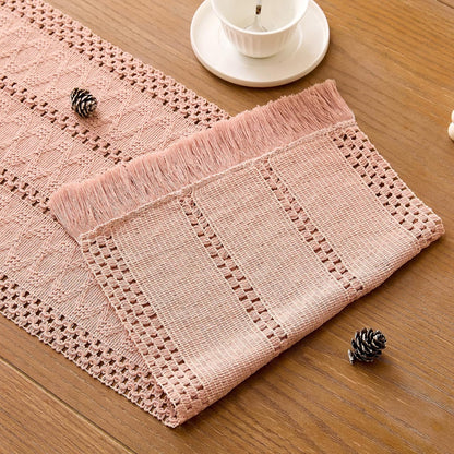 Pink Macrame Boho Table Runner with Tassels Woven Rustic Farmhouse Table Runner for Kitchen Dining 71 Inches