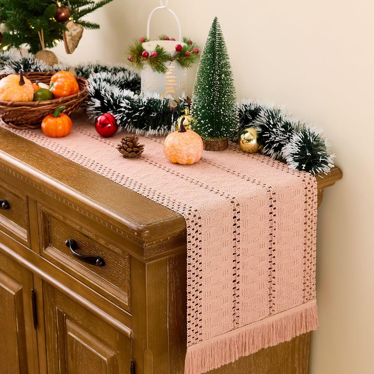 Pink Macrame Boho Table Runner with Tassels Woven Rustic Farmhouse Table Runner for Kitchen Dining 71 Inches