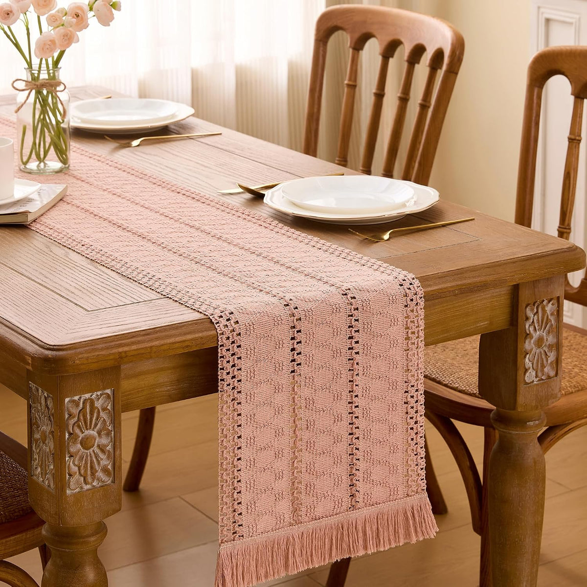 Pink Macrame Boho Table Runner with Tassels Woven Rustic Farmhouse Table Runner for Kitchen Dining 71 Inches