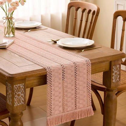 Pink Macrame Boho Table Runner with Tassels Woven Rustic Farmhouse Table Runner for Kitchen Dining 71 Inches